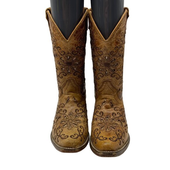 Jar Boot's Made in Mexico Tan Leather Cut-Out/Embroidery Snip Toe boots Girl 1 - Picture 2 of 14